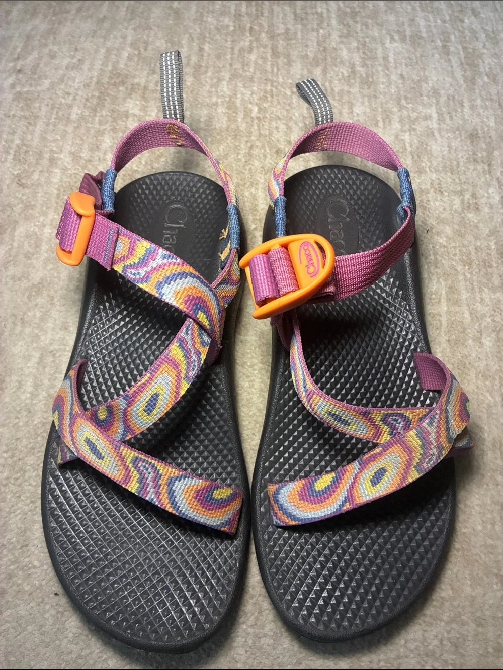 Chaco kids Multicolor Patterned Strap Sandals with Orange Buckles